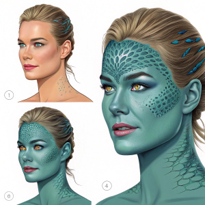 Transformation of Rebecca Romijn into Mystique. Step-by-step makeup process. Application, stages, and final close-up of alien-like features.