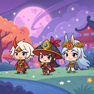 Cartoony characters from Onmyoji Chibi game. Each character uniquely styled and colorful. Illustration background is a vibrant fantasy world