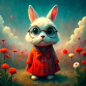 small bunny in glasses in a red dress + field