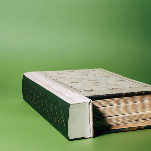 Close-up shot of a vintage edition of George Orwell's '1984'. Each book cover showcasing intricate design elements. Neutral white background.