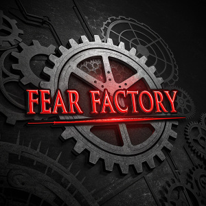 Fear Factory band logo in neon red on a sleek black background