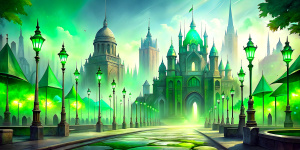 Old European city square with a large beautiful marble palace with towers and spires, encrusted with shining emeralds and chased in gold. Lots of flagpoles with green flags. Streets with rows of old marble buildings are radiating outward from the palace.