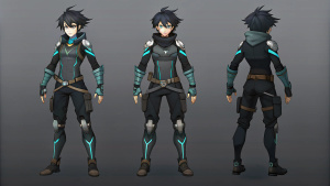 character design turnaround sheet, anime-inspired cyberpunk protagonist, vtuber avatar concept
