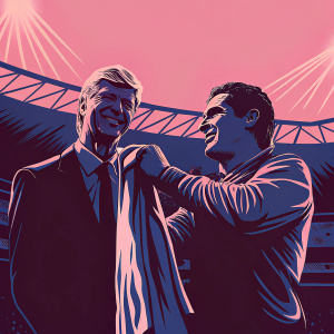 Arsene Wenger and Jose Antonio Reyes, both at a sunny stadium. Wenger points at a white jersey, while Reyes smiles.