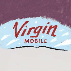 Digital art piece featuring Virgin Mobile's vibrant logo. Bold red text for 'Virgin', smaller blue 'obile' text below. Light background