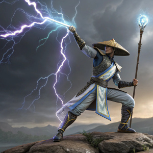 Raiden, the thunder god from Mortal Kombat, depicted in a dynamic action pose. Digitally rendered in vibrant 3D style.