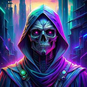 Grim Reaper cyberpunk concept in blue green and purple theme
