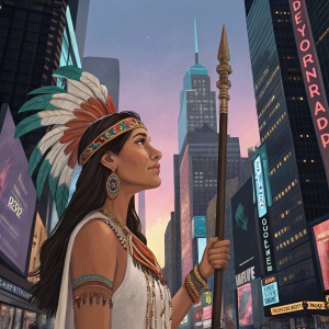 Digital painting of Pocahontas in a modern cityscape, blending traditional and contemporary styles.