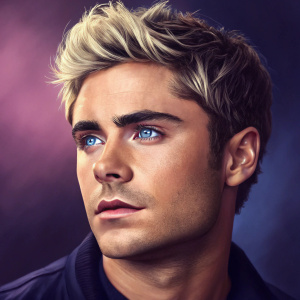 Digital artwork of Zac Efron, featuring close-up on his face with blonde hair and intense blue eyes. Background is gradient of dark to light purple.
