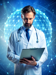  Medical technology, innovation health and medical research, healthcare and medicine concept. Doctor or technician working with AI data analysis, lab experiment, data science