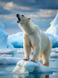 A polar bear is roaring on the glacier, side view