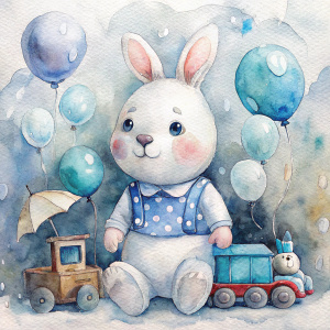 Un Dibujo infantil en acuarelas,  bebé conejo blanco, polo y short ,sonriendo mejillas rosadas, sentado, esta entre globos de colores celeste azul y blanco, a su lado izquierdo hay un tren de madera, el fondo es blanco griz con gotas  

