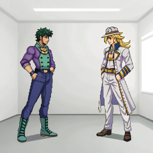 Illustration of Gyro Zeppeli and Johnny Joestar from JoJo's Bizarre Adventure, in pixel art style. They are standing in a plain white room.