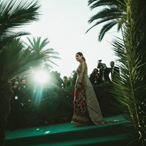 Kareena Kapoor walking at the Cannes Film Festival. Dressed in an intricate gold and red embroidered gown by Gucci. Bright, sunny background