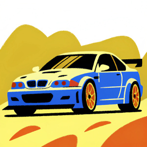 Modified BMW M3 GTR, blue and white racing car, on track. Sleek design with racing-inspired rear wing, ready for high-speed action