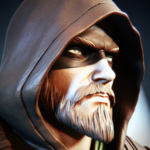3D model of Green Arrow character. Serious expression, detailed facial structure, beard and mustache. Dark and shadowy background. High-resolution rendering of face