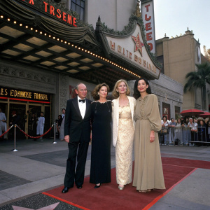 Leslie Bogart, Stephen Bogart, Lauren Bacall, and Anjelica Huston at the Hollywood Walk of Fame. They wear elegant gowns and suits. They are standing in front of the TCL Chinese Theatre's iconic facade.