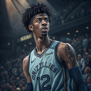 Ja Morant, wearing a Memphis Grizzlies jersey, intense gaze. Dark, blurry audience in background. Indoor basketball arena.