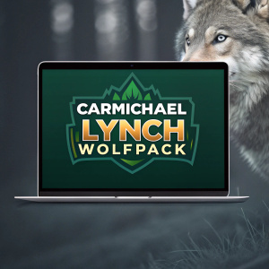 Modern logo design for Carmichael Lynch Wolfpack. Vibrant green and brown color scheme. Dark background with subtle wolf texture. Digital interface mockup.