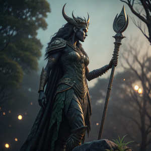 Dryad Lunara, a magnificent statue, stands before me. Crafted with exquisite detail, her dark figure glimmers subtly under dim lighting. Her long hair flows like a dark river, adorned with intricate, shimmering decorations. A horned crown adorns her forehead and she holds an ancient weapon, set upon a rough stone base.