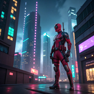 A hyper-realistic 3D render of Deadpool. Cyberpunk-themed backdrop, cityscape with neon lights