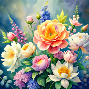 watercolor image ,Pink white Peonies Snowdrops, lobelia, canna,salvia , carnation, Common Crape Myrtle., Ranunculus viburnum, wax flower, dandelion, geranium , watercolor , watercolor , artichoke ,aster,pansy,poppy ,lavender,anemone ,oleander , succulent