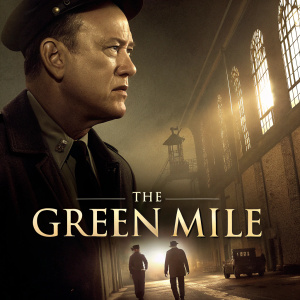 Tom Hanks in 'The Green Mile', dramatic movie poster. Dark and moody lighting, sepia tones. Large, bold title 'The Green Mile'