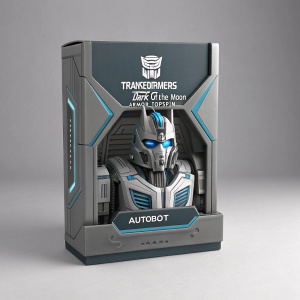 Modern, sleek packaging for Transformers Dark of the Moon Armor Topspin toy. Features prominent Transformers logo and Autobot branding. Utilizes gray and blue tones, showcasing mechanical details. Designed to protect the toy while highlighting its intricate features. Perfect for Transformers enthusiasts.
