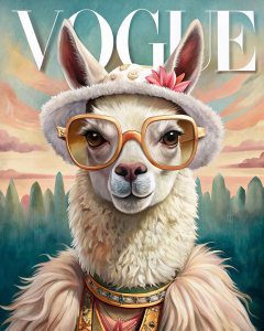a Vogue magazine cover featuring a fashionable llama with sunglasses