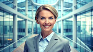 portrait of successful  businesswomen consultant looking at camera and smiling inside modern office building