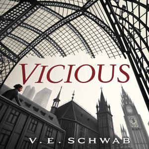 Vicious by V.E. Schwab, novel cover. Dynamic black and white design featuring intricate architectural silhouettes and sharp geometric patterns.