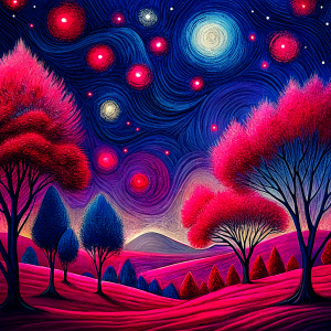 draw a Starry Night in a childish way trees should be coloured black and the sky colour - darker
