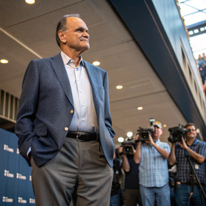 Joe Torre, standing confidently at a press conference. Wearing a smart suit. Questioning faces in the background