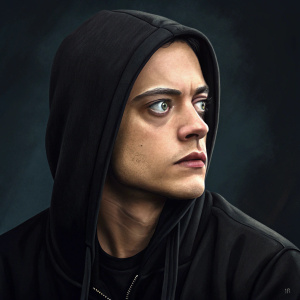 Elliot Alderson, from Mr. Robot, intense stare. Black hoodie, dark backdrop. Close-up of face and upper body