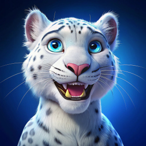 white leopard, humanoid, standing upright, looking at the camera, smiling, mouth closed, blue eyes, Pixar cartoon