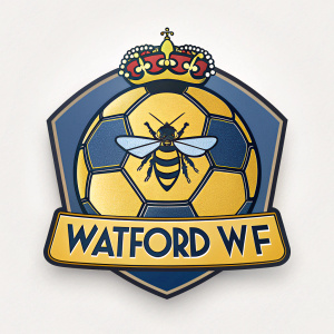 New logo design for Watford FC, featuring a soccer ball with a bee-inspired honeycomb pattern. Varied color schemes and detailed specifications for the badge redesign.