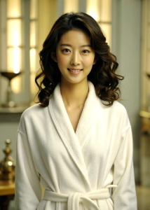 1girl, 20-year-old Korean actress Clara Lee Sung-min, with medium curly brown hair, wearing an open white bathrobe, bathroom: 1.2, collarbone, 45-degree face looking at the audience, ((turbulent)), ((perfect body proportions)), ((Full-body view: 1.3)), grinning, deep shadows, Wong Kar-wai photography style, half body to navel: 1.2, <lora:DetailedEyes_xl_V2:1>, <lora:neg4all_bdsqlsz_xl_V7:1>, (super delicate oval face)), ((Beautiful eyes with long eyelashes)),((Real quality)),((Leica RAW photo)),