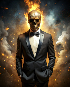 Effect, photoshop action, realistic wise, black gold skull with human body in tuxedo, fire, sparks, dust, explosion, smoke, sand, shadows, glow, glow, glare, light, quality xd, 