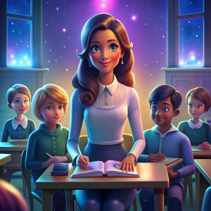 BARBIE MAESTRA MORENA CON ALUMNOS EN UNA ESCUELA SENTADA EN EL ESCRITORIO