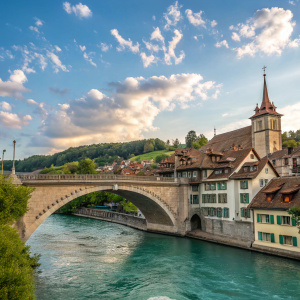 Nydeggbrücke Bridge over Aare River in Bern, Switzerland. Traditional Swiss architecture with brown and white facades lining the riverbanks. Clear blue sky with fluffy clouds above.