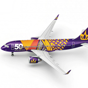 Celebratory livery for Monarch Airlines' 50th Anniversary. Features vibrant hues of purple, yellow, and other colors, along with the airline's logo and dynamic patterns.