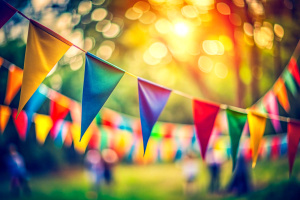 outdoor party colorful flags decoration on blurry background