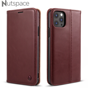 Maroon leather phone covers by Nutspace. Soft, high-quality leather. Sleek, contemporary design. Side imprinted with Nutspace logo. Perfect fit for iPhone, offering secure protection.