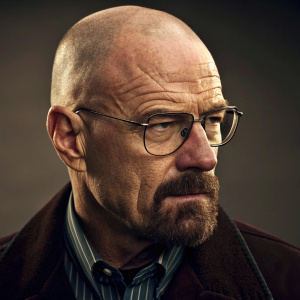 Close-up shot of Walter White. Bald head, lined face, intense expression. From the TV series 'Breaking Bad'