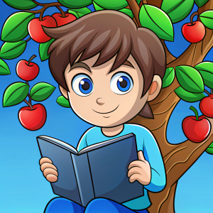 un niño sentado en arbol de manzanas leyendo un libro azul