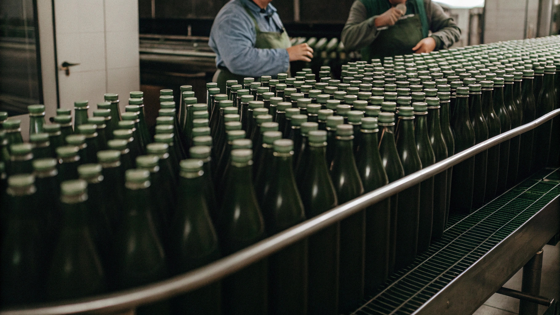 A factory production line showing neatly arranged insulated bottles. Workers are inspecting the products, with modern, clean machinery in the background to highlight the supplier's reliability and quality control.