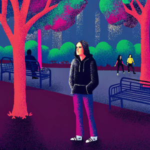 Gal Gadot dressed in casual streetwear. She wears a black hoodie and jeans. Standing in busy city park with lots of trees and benches.