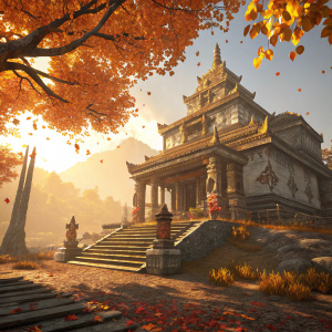 A 3D model of a grand temple from Far Cry 4. Golden sun highlights the ancient, ornate architecture. Surrounded by orange and yellow leaves.