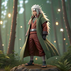 A detailed 3D model of Jiraiya from Naruto. Wearing his iconic robes. Set against a serene, glowing forest backdrop.