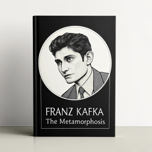 Book cover for Franz Kafka's 'The Metamorphosis'. A minimalist design with a detailed portrait of the author in the center, set against a stark black and white background.